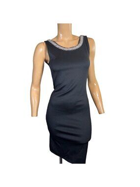 Zinga Womens Sheath Dress Sm Black Stretch Scoop Neck Sleeveless Beads Satin LBD